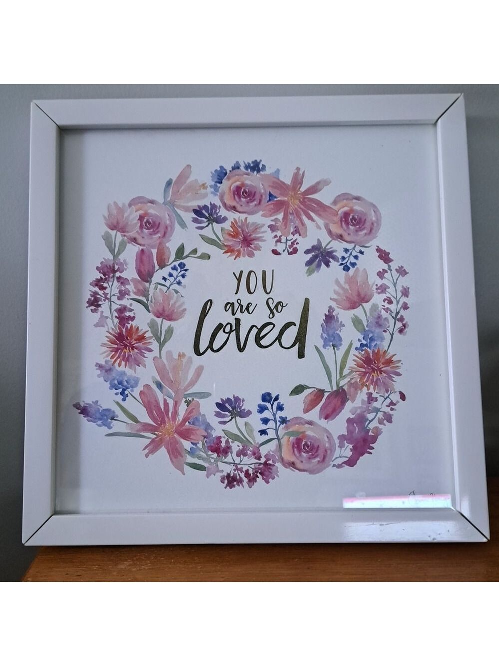 YOU ARE SO LOVED framed art glass wood frame white pink floral nursery print